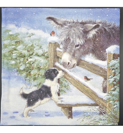 Serviette Hund und Esel/Winterlandschaft
