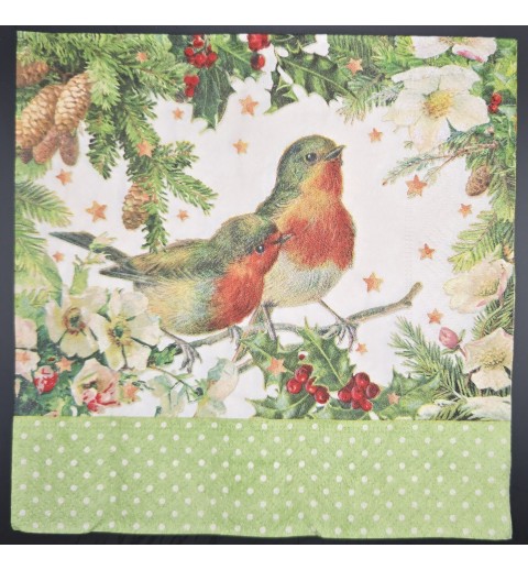 Serviette Zwei Rotkelchen auf Tannenzweig/Winter