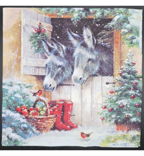 Serviette Zwei Esel im Stall/Winter/Weihnachtstiefel