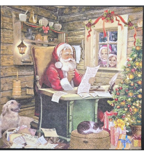 Serviette Weihnachtsmann in Hütte/Kinder schauen durchs Fenster