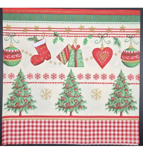Serviette Weihnachtsbäume und Weihnachtsschmuck rot-grün