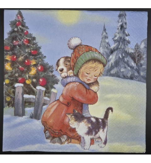Serviette Mädchen mit Hund und Katze/Winterlandschaft/Weihnachtsbaum