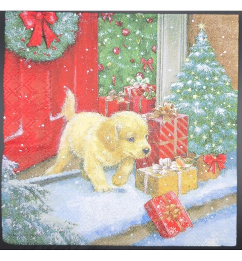 Serviette Hund mit Geschenken/Weihnachtsbaum/Schnee