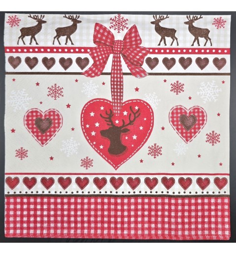 Serviette Hirsche/Herz/Kariertes Muster braun-weiss-rot