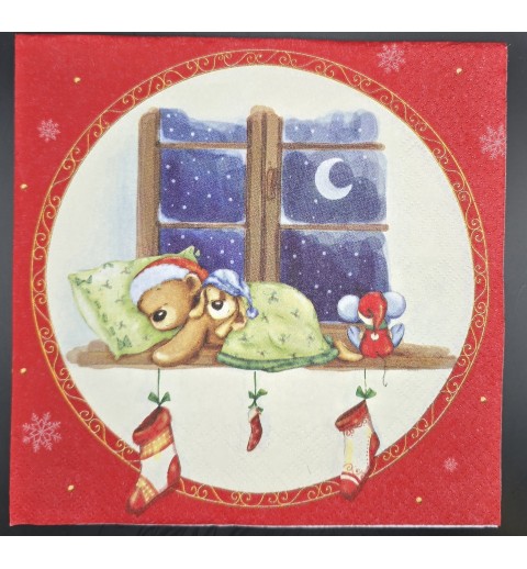 Serviette Schlafender Bär und Hund/Nachthimmel/Weihnachtsmannsocken