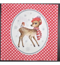 Serviette Rehkitz mit Schal und Mütze/kariertes Muster rot-weiss