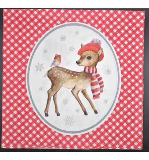 Serviette Rehkitz mit Schal und Mütze/kariertes Muster rot-weiss