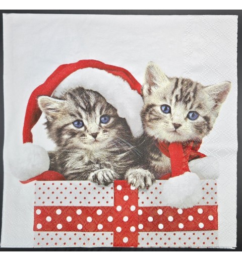 Serviette Zwei Katzen auf Weihnachtsgeschenk und Nikolausmütze rot-weiss-grau