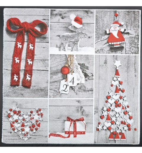 Serviette Verschiedene Weihnachtsmotive grau-weiss-rot