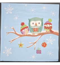 Serviette Drei Eulen mit Mütze auf Ast