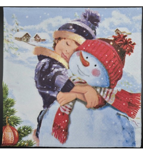 Serviette Kind umarmt Schneemann/Winterlandschaft