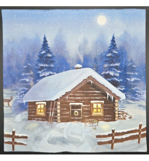 Serviette Winterlandschaft/Holzhütte/Reh/Schnee