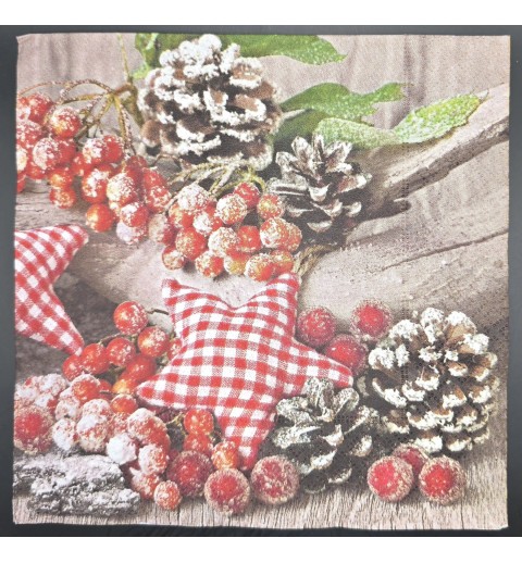 Serviette Sterne mit Karomuster/Tannenzapfen mit Schnee