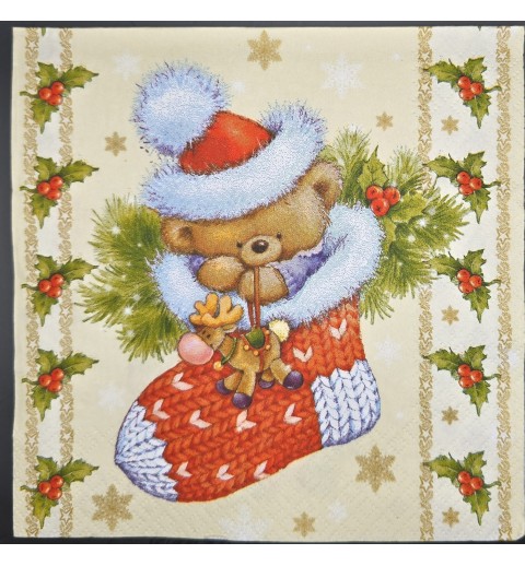 Serviette Teddybär in Weihnachtsmann Socken und Mütze