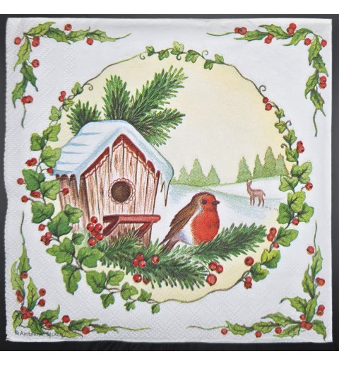 Serviette Rotkehlchen/Vogelhaus/Tannenzweige/Winter