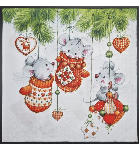 Serviette Drei Mäuse in hängenden Weihnachtssocken