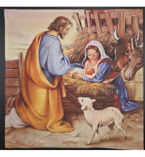 Serviette Jesus, Maria und Josef/Stroh/Lamm