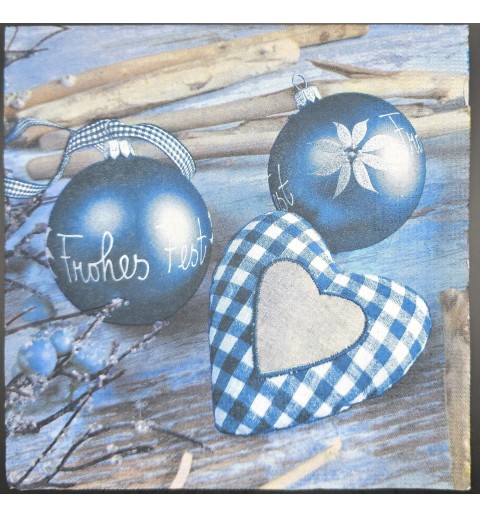 Serviette Blaue Weihnachtskugeln und blau kariertes Stoffherz