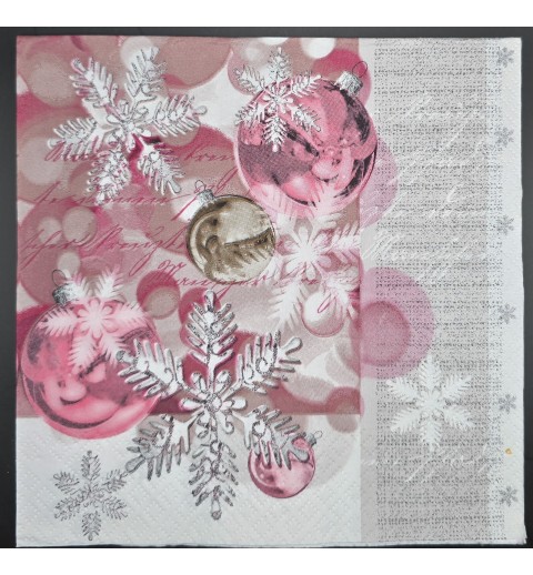 Serviette Rosa Weihnachtskugeln/silberne Schneeflocken