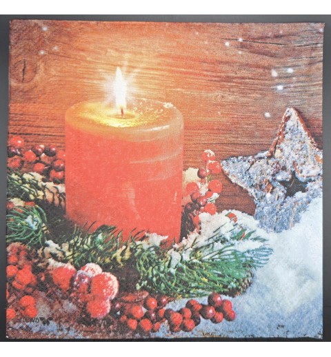 Serviette Brennende Kerze orange/Sterne/Tannenzweige/Schnee