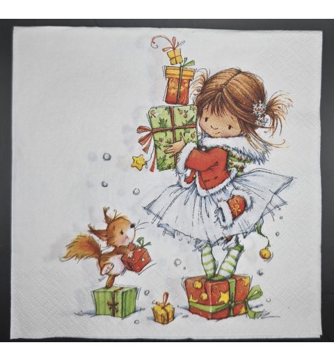 Serviette Mädchen und Eichhörnchen mit Geschenken/Weihnachten