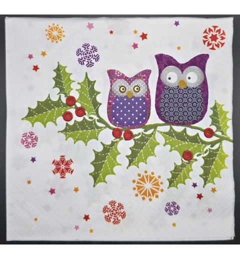 Serviette Violette Eulen sitzen auf Mistelzweig/bunte Schneeflocken