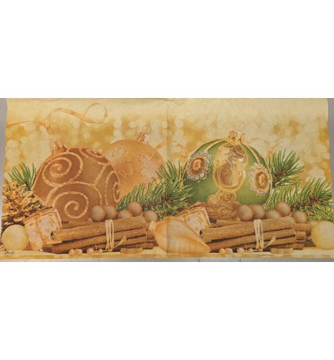 Serviette Weihnachtskugeln gold-grün/Tannenzweig