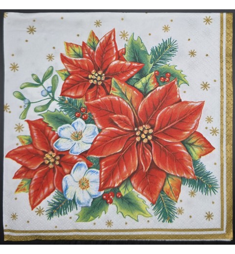 Serviette Drei rote Weihnachtssterne/Tannenzweig/Schneeflocken goldig