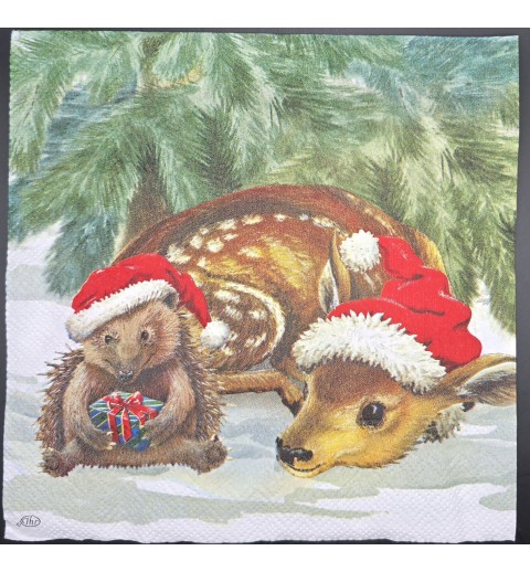 Serviette Rehkitz und Igel mit Weihnachtsmütze und Geschenk/Tannenzweige/Schnee