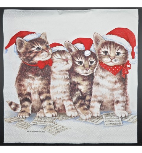 Serviette Vier Katzen mit Weihnachtsmützen/Schnee