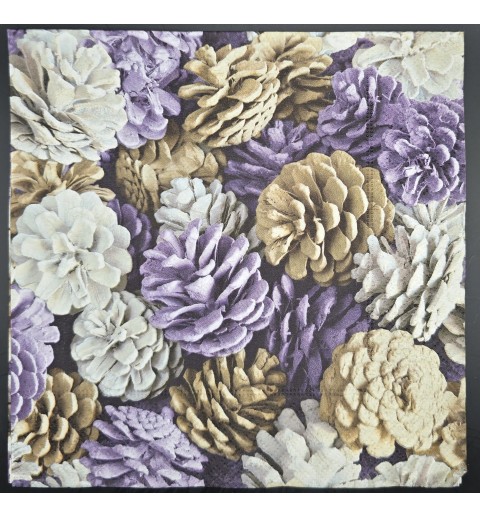Serviette Tannenzäpfe weiss-braun-lila
