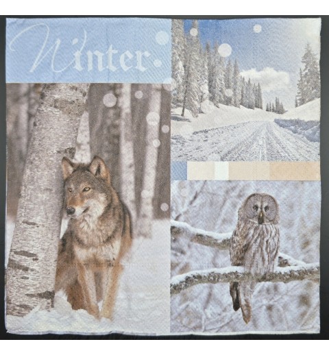 Serviette Wolf/Eule/Winterlandschaft blau
