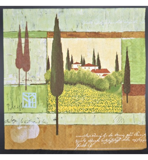 Serviette Bäume/Häuser/Wiesen grün-braun-blau