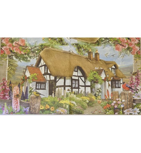 Serviette Steinhaus mit Strohdach/Blumen/Vögel