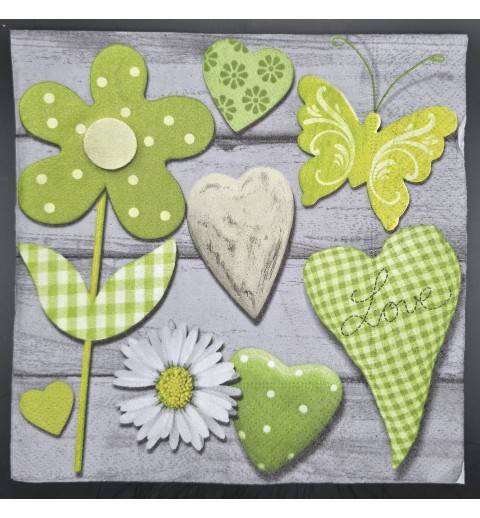 Serviette Blumen/Schmetterling/Herz hellgrün-weiss-grau