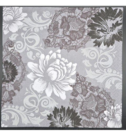 Serviette Blumenmuster grau-weiss-schwarz
