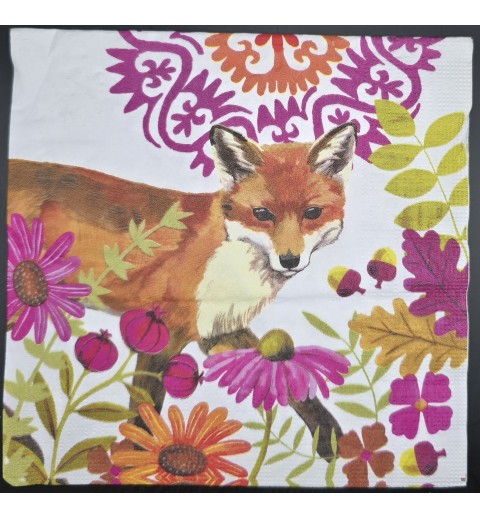 Serviette Gemalt Fuchs/Blumen/Muster orange-pink-grün-weiss