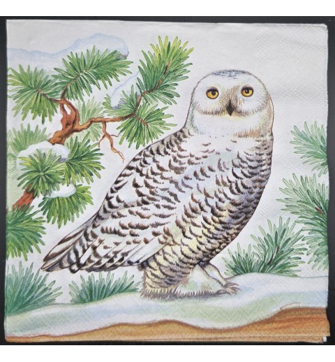 Serviette Schneeeule/Tannenzweige/Schnee