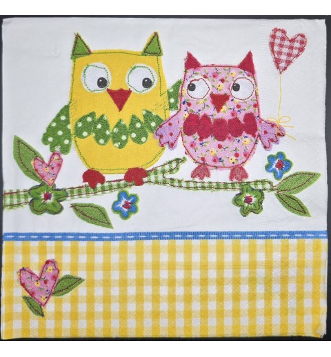 Serviette Zwei Eulen gelb-rosa-pink-grün/Karomuster gelb