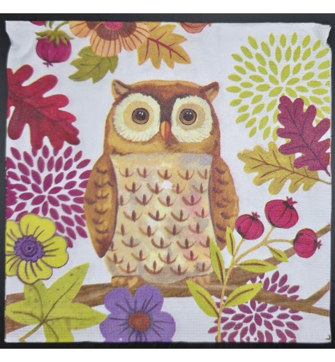 Serviette Eule/Blätter/Blumen braun-violette-hellgrün