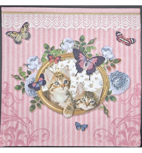 Serviette Zwei Katzen schauen aus Bilderrahmen/Schmetterlinge/rosa Hintergrund