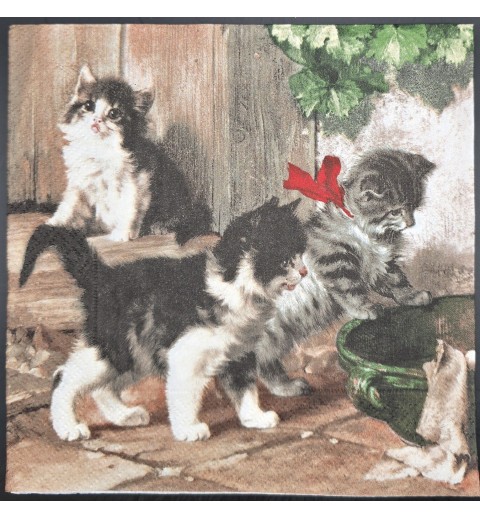 Serviette Katzen/Pflanzen grün-rot-grau-braun