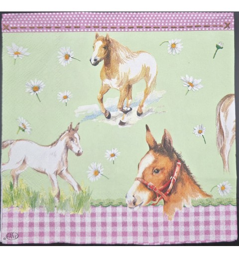 Serviette Pferd/Fohlen/Margriten/Karomuster pink