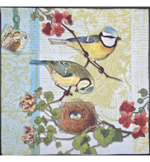 Serviette Zwei Vögel auf Ast/Vogelnest mit Eiern