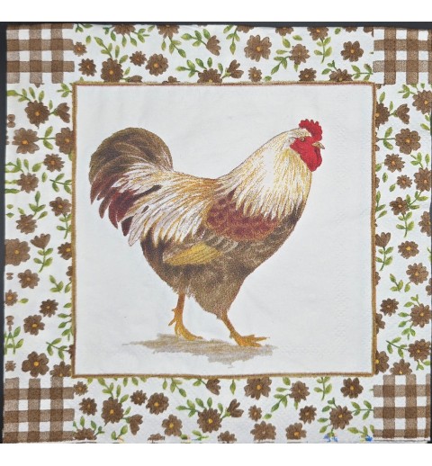 Serviette Henne/Blumen und Karomuster braun-weiss