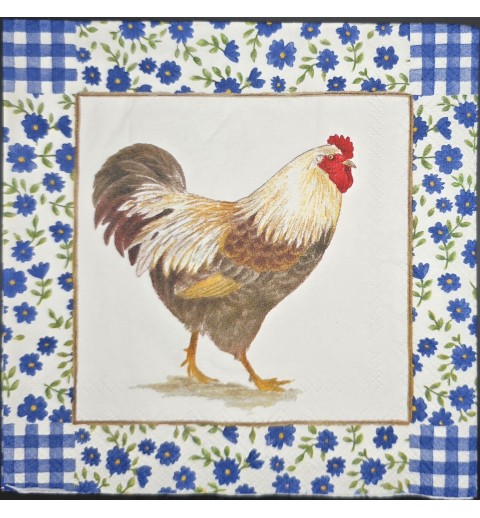 Serviette Henne/Blumen und Karomuster blau-weiss