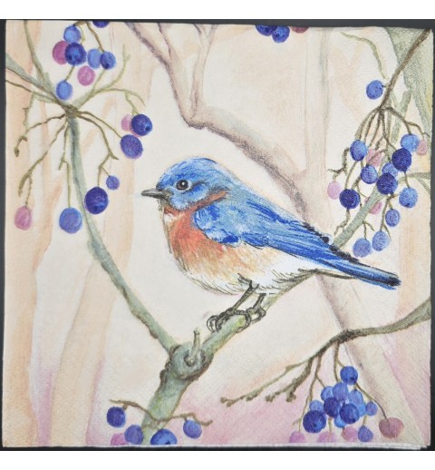 Serviette Blau-oranger Vogel auf Ast/blaue Beeren