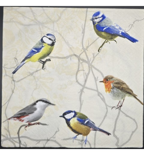 Serviette Verschiedene Vögel auf Ästen/Hintergrund creme