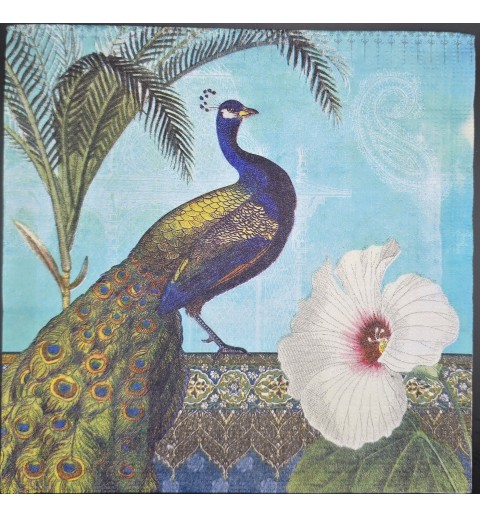 Serviette Pfau/Palme/Blume blau-grün-weiss
