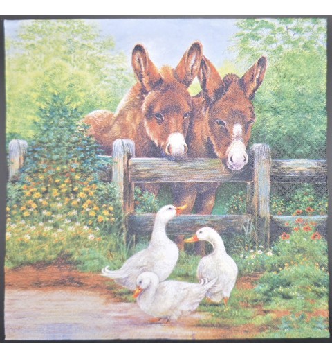 Serviette Zwei Esel/Gänse/Gartenzaun/Büsche